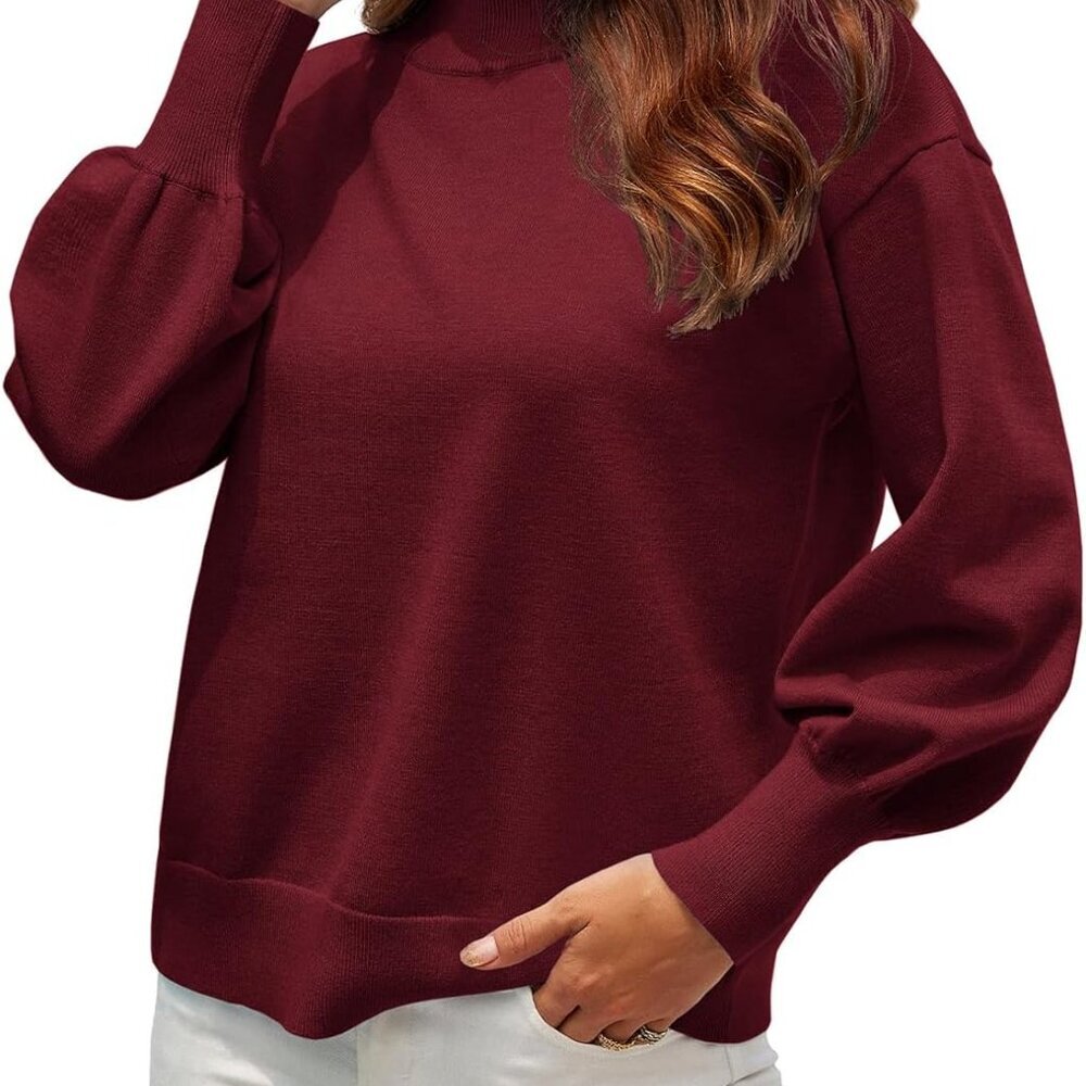 Women's 2025 Fall Fashion Casual Sweaters Mock Neck Long Lantern Sleeve Lightwei - Picture 3 of 6